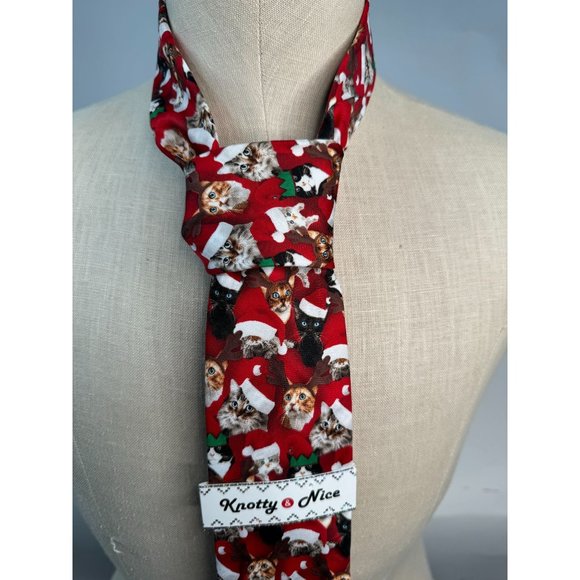 Knotty and Nice Santa Cats Holiday Christmas Tie OS Red Santa Polyester - Picture 1 of 16